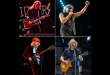 Collage of Dave Grohl, Brian Johnson, Angus Young and Stevie Young performing on stage
