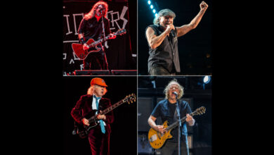 Collage of Dave Grohl, Brian Johnson, Angus Young and Stevie Young performing on stage
