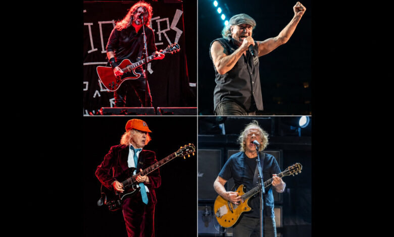 Collage of Dave Grohl, Brian Johnson, Angus Young and Stevie Young performing on stage