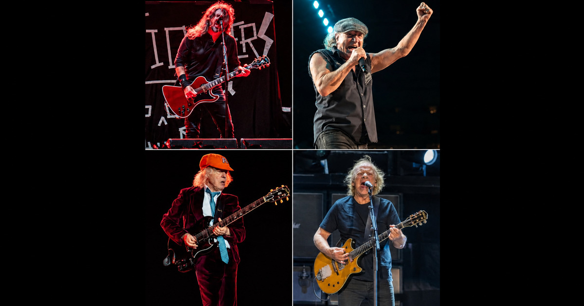 Collage of Dave Grohl, Brian Johnson, Angus Young and Stevie Young performing on stage