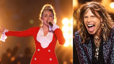 Illustrative collage of Miley Cyrus performing Dream On and Steven Tyler laughing