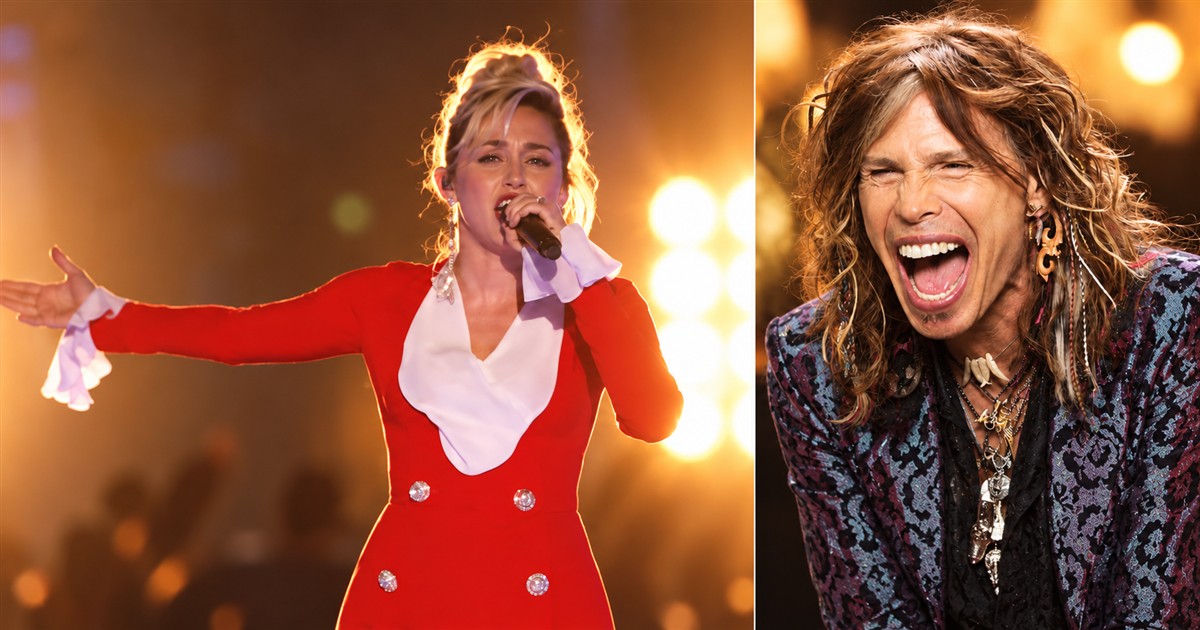 Illustrative collage of Miley Cyrus performing Dream On and Steven Tyler laughing