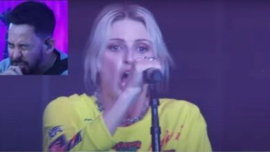 Emily Armstrong in a yellow jersey singing into a microphone; Mike Shinoda appears in an inset.