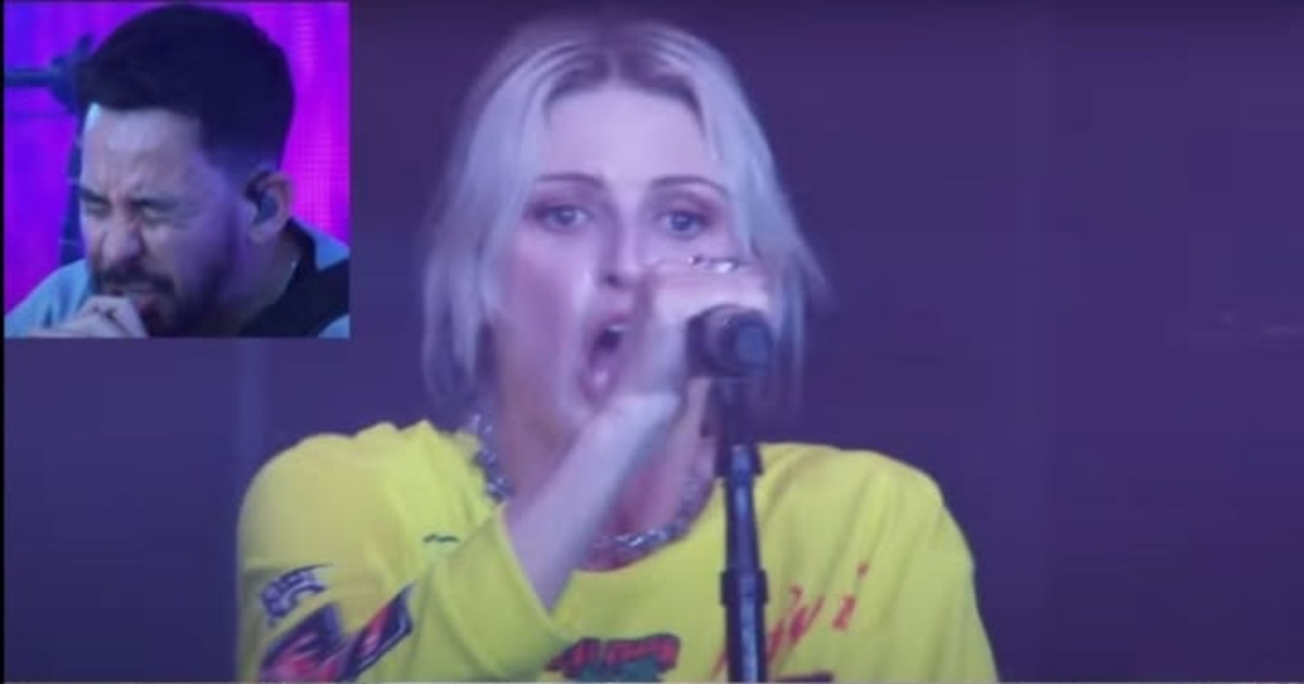 Emily Armstrong in a yellow jersey singing into a microphone; Mike Shinoda appears in an inset.