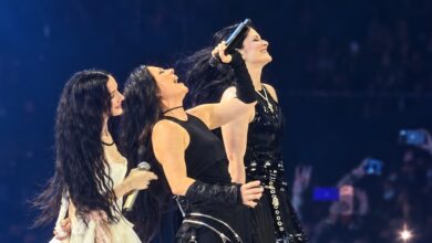 Stylised concert image of Poppy, Amy Lee and Courtney LaPlante on stage.