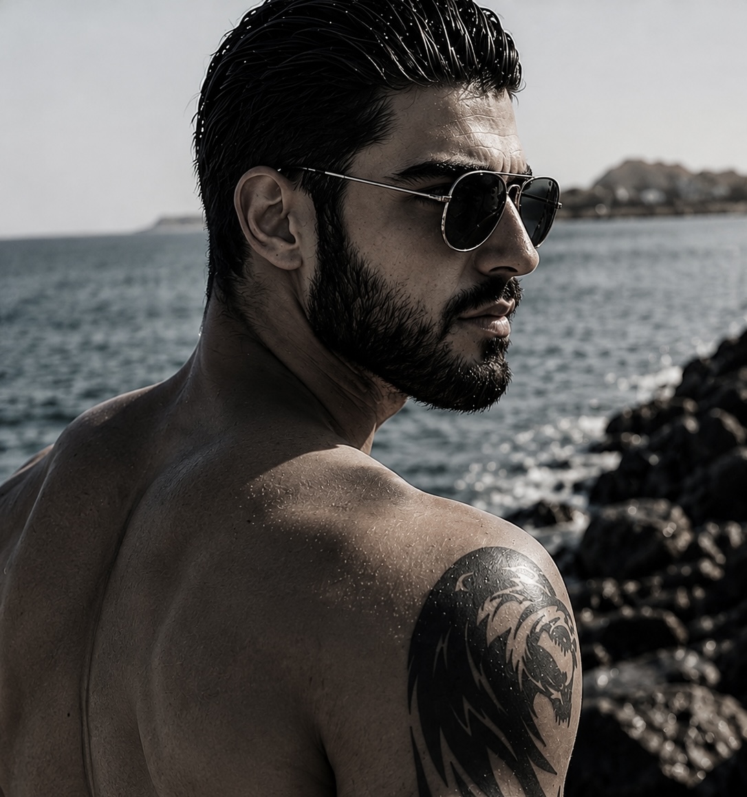 Firat Zan wearing aviator sunglasses in a seaside portrait with his shoulder tattoo visible