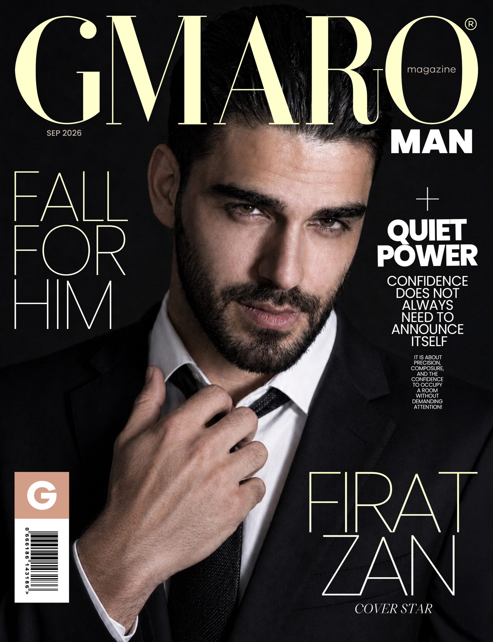 Firat Zan on the GMARO Man September 2026 magazine cover wearing a black suit and tie