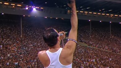 Freddie Mercury seen from behind, raising his arm towards a packed stadium.