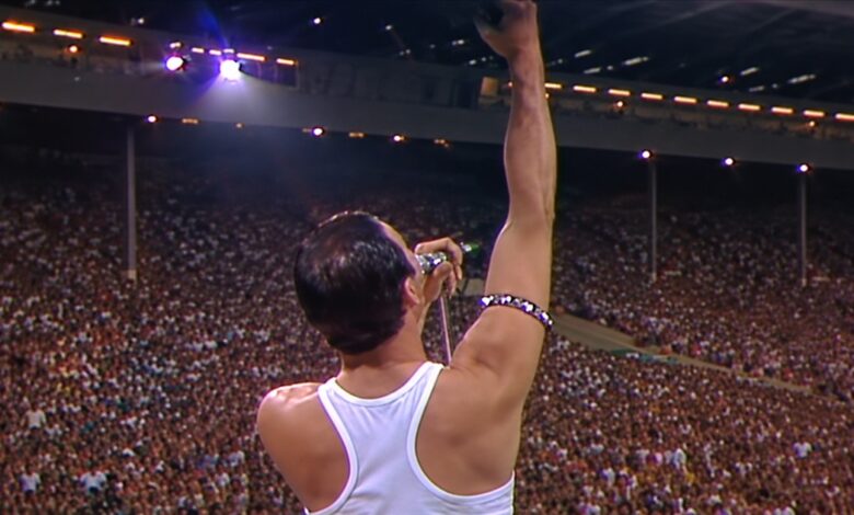 Freddie Mercury seen from behind, raising his arm towards a packed stadium.