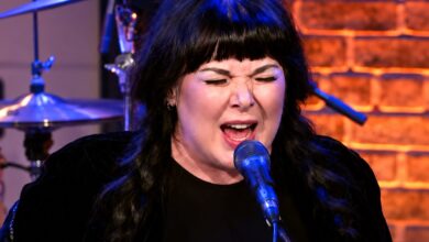 Ann Wilson singing into a microphone with blue and amber stage lighting