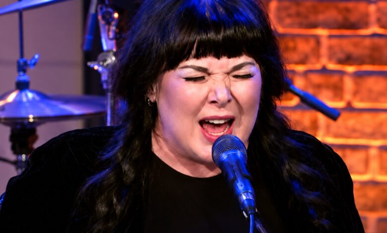 Ann Wilson singing into a microphone with blue and amber stage lighting