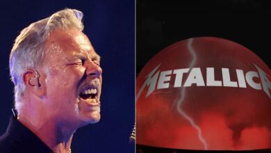 James Hetfield singing intensely beside an image of the Sphere in Las Vegas