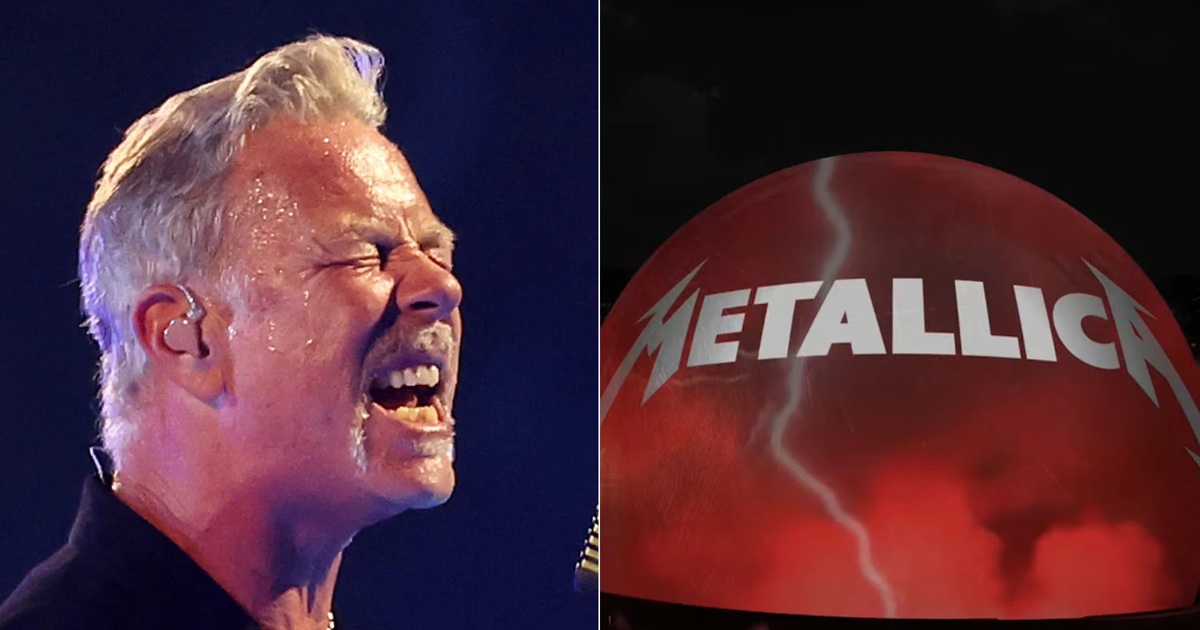 James Hetfield singing intensely beside an image of the Sphere in Las Vegas