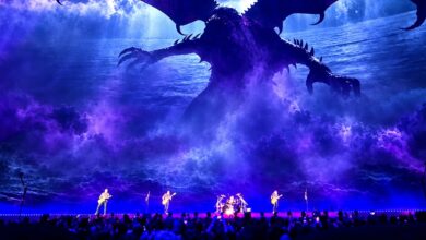 Enhanced concert artwork of Metallica performing beneath a giant winged creature at Sphere in Las Vegas