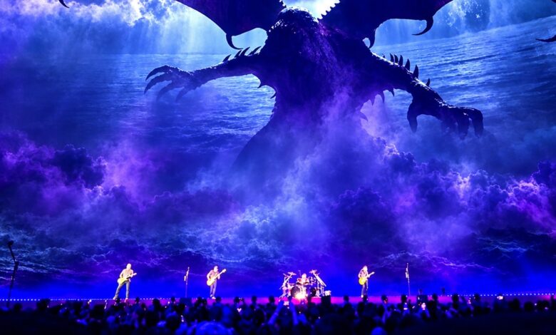 Enhanced concert artwork of Metallica performing beneath a giant winged creature at Sphere in Las Vegas