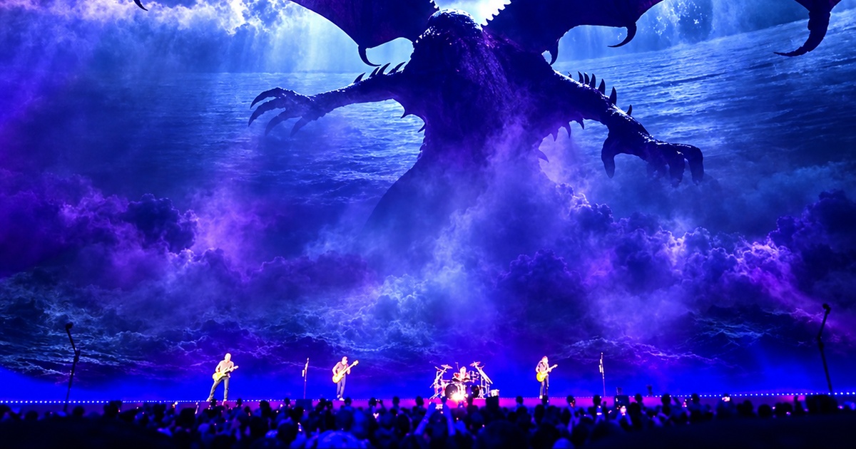 Enhanced concert artwork of Metallica performing beneath a giant winged creature at Sphere in Las Vegas