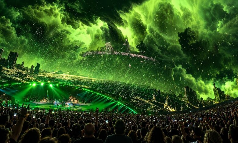Metallica’s Sphere concert stage and a densely packed audience.