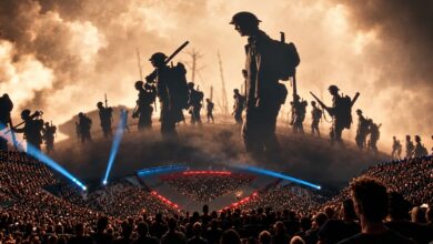 Metallica's Sphere stage beneath towering soldier silhouettes and blue spotlights