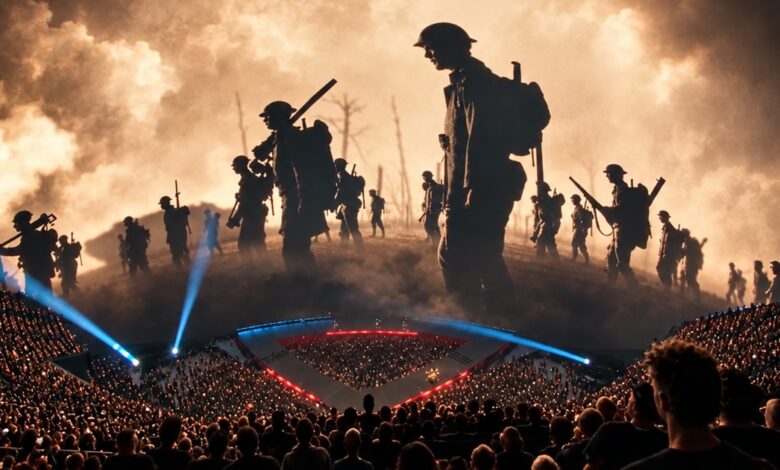 Metallica's Sphere stage beneath towering soldier silhouettes and blue spotlights