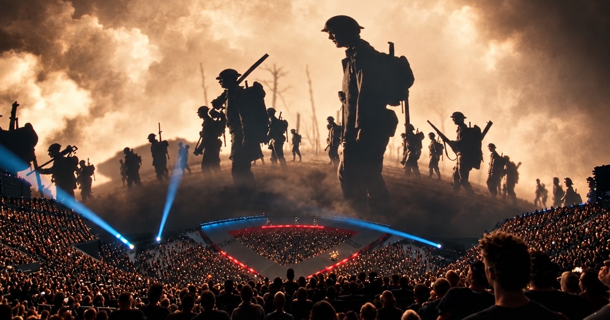 Metallica's Sphere stage beneath towering soldier silhouettes and blue spotlights
