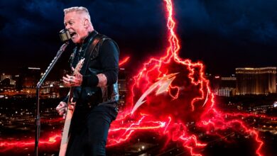 Editorial composite of James Hetfield with red lightning imagery and Las Vegas
