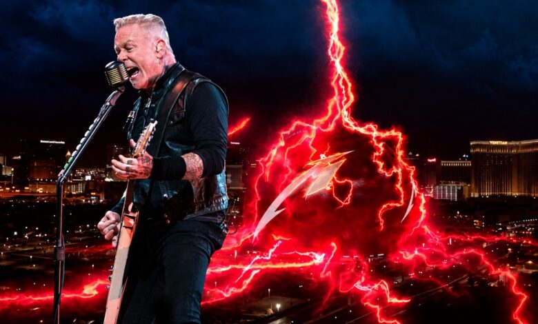 Editorial composite of James Hetfield with red lightning imagery and Las Vegas