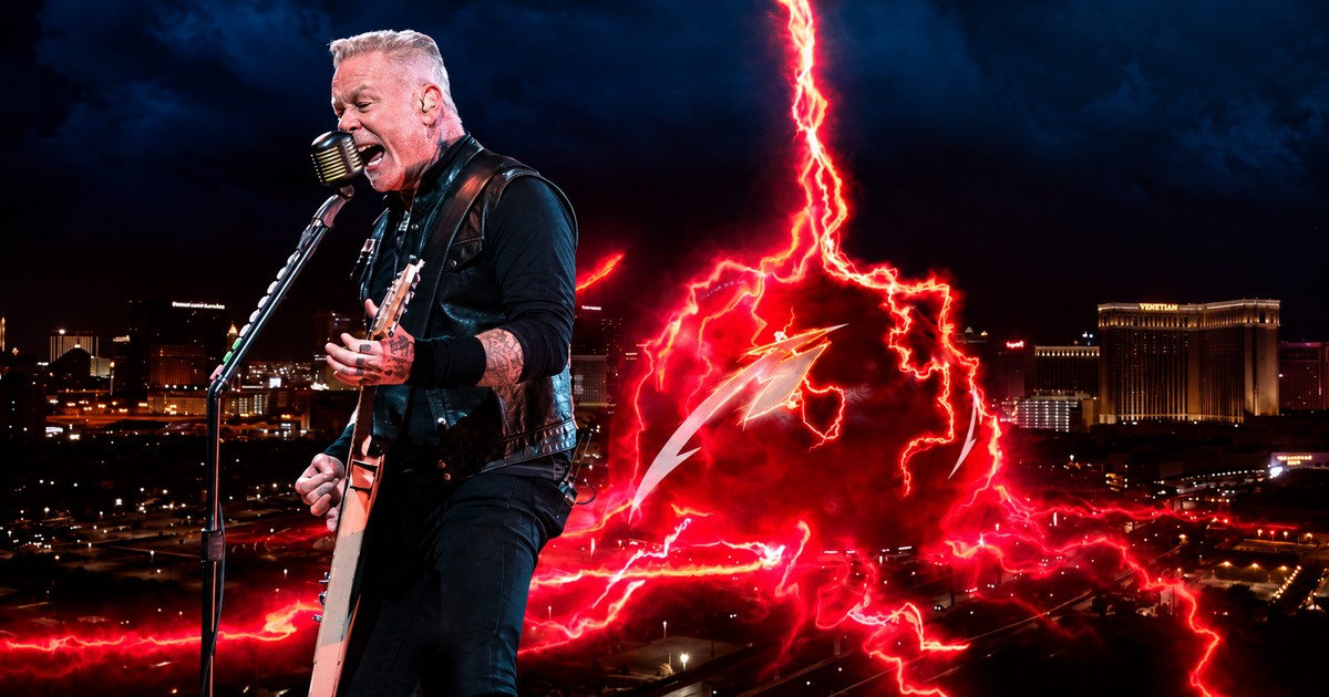 Editorial composite of James Hetfield with red lightning imagery and Las Vegas