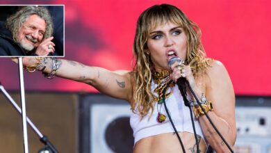 Miley Cyrus performing at Glastonbury, with a separate framed portrait of Robert Plant in the upper left.