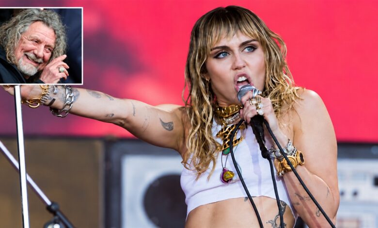 Miley Cyrus performing at Glastonbury, with a separate framed portrait of Robert Plant in the upper left.