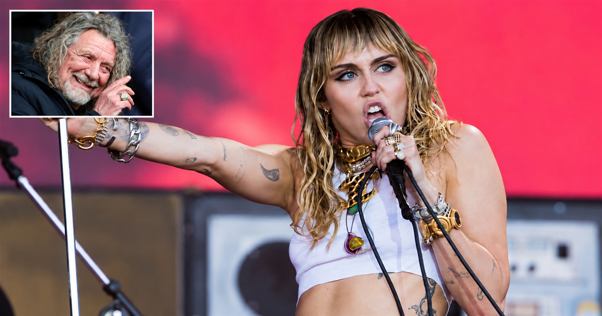 Miley Cyrus performing at Glastonbury, with a separate framed portrait of Robert Plant in the upper left.