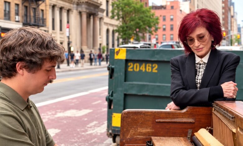 Enhanced illustration of Brad Kella playing a street piano while Sharon Osbourne listens beside it.