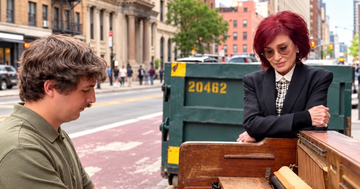 Enhanced illustration of Brad Kella playing a street piano while Sharon Osbourne listens beside it.
